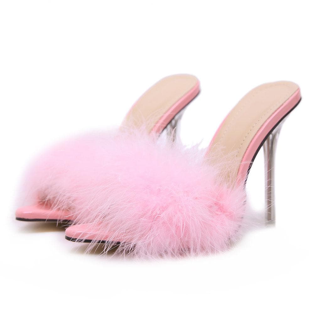 Summer Feather Pointed Toe High Heels Mules Sandals Metal Thin Heels Sexy Party Pole Dance Women's Shoes 38