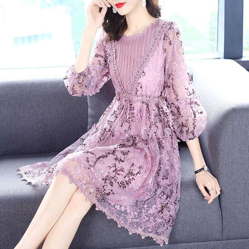 Senior Sense of Lace Wood Ear Trim Dress Women Elegant Loose Age Reduction Embroidered Dresses 5XL purple