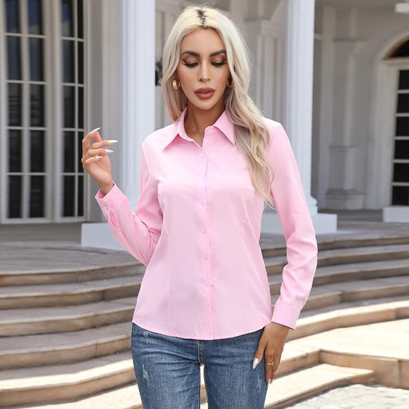 Women's Fashion Long Sleeve Button Up Shirt Solid Spring Red White Top for Women XL pink