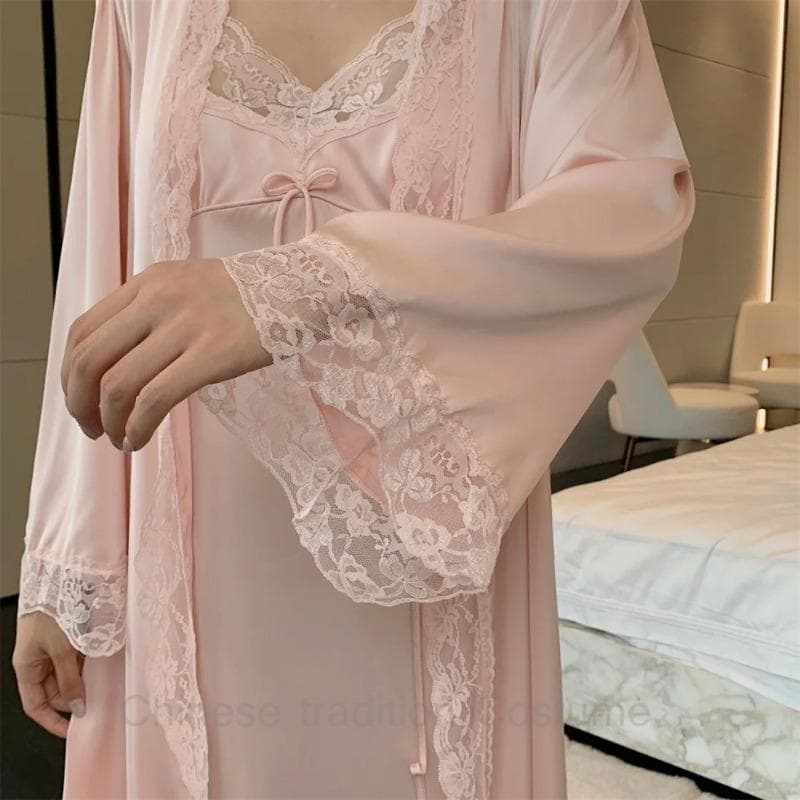 Sexy Sling Nightdress 2Pcs Intimate Lingerie Bride Wedding Robe White Long Robe Set Elegant Homedress Lady Lace Kimono Bathrobe M
