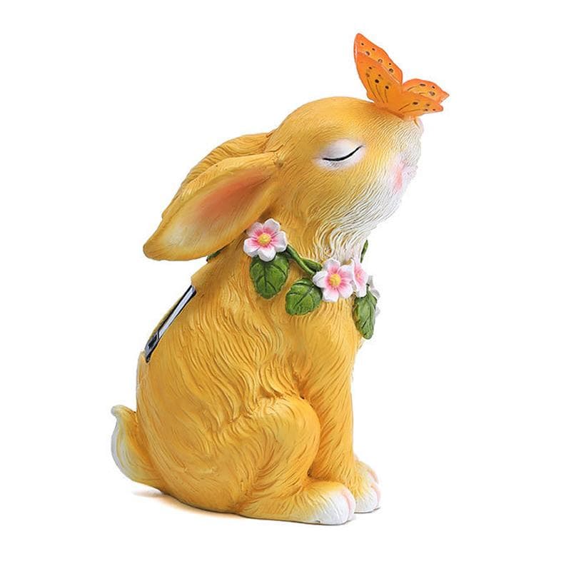 Solar Garden Statues Rabbits with Butterflies Solar Charging Hand Painted Synthetic Resin Solar yellow