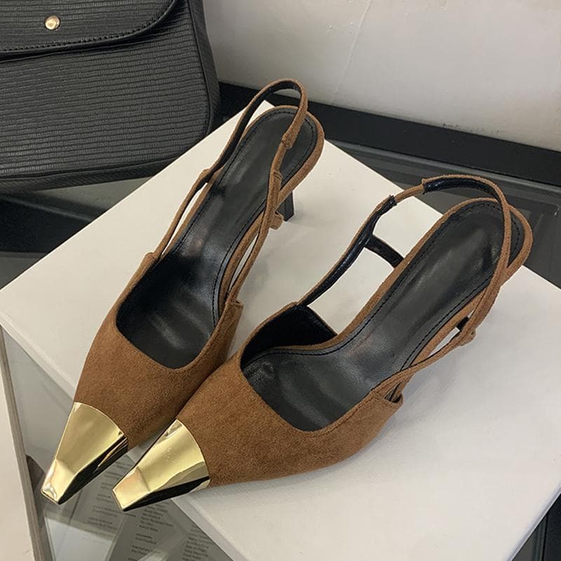 Liyke Fashion Design Metal Pointed Toe Slip On Back Strap High Heels Slingback Sandals Women Pumps Summer Party Prom Shoes Brown 39