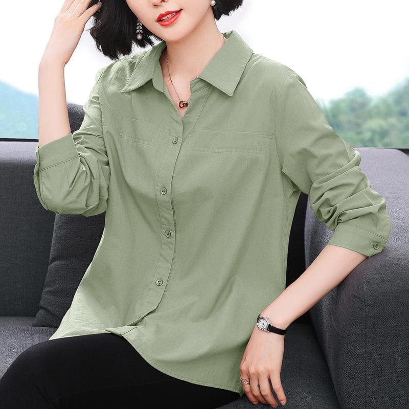 Long-sleeved Shirt Middle-aged Mother Wearing Lapel Top Autumn New Style Retro Shirt 4XL green