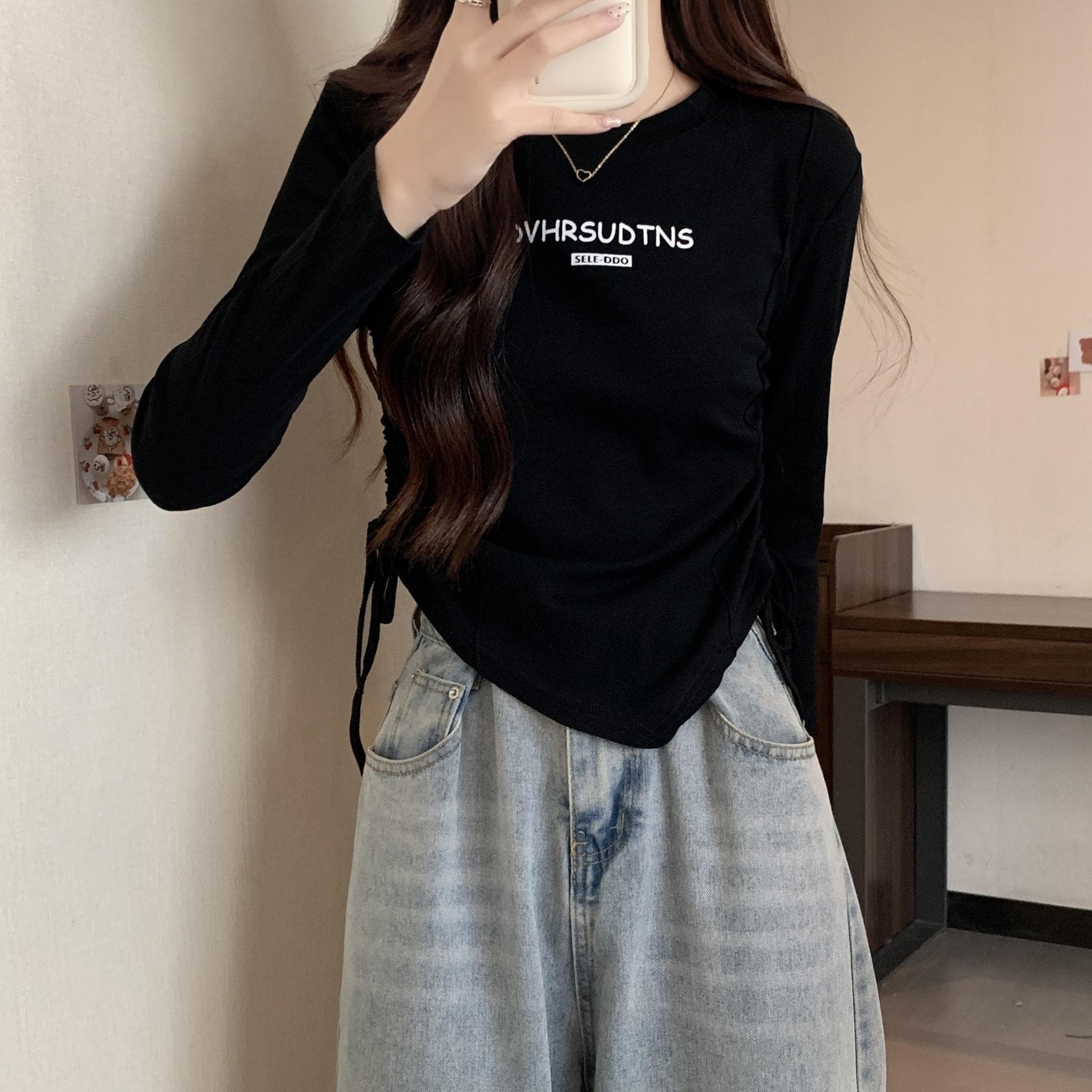 Spring Short Drawstring Top for Women's New Round Neck Inner Bottoming Shirt Fashionable Slim and Long Sleeves XL