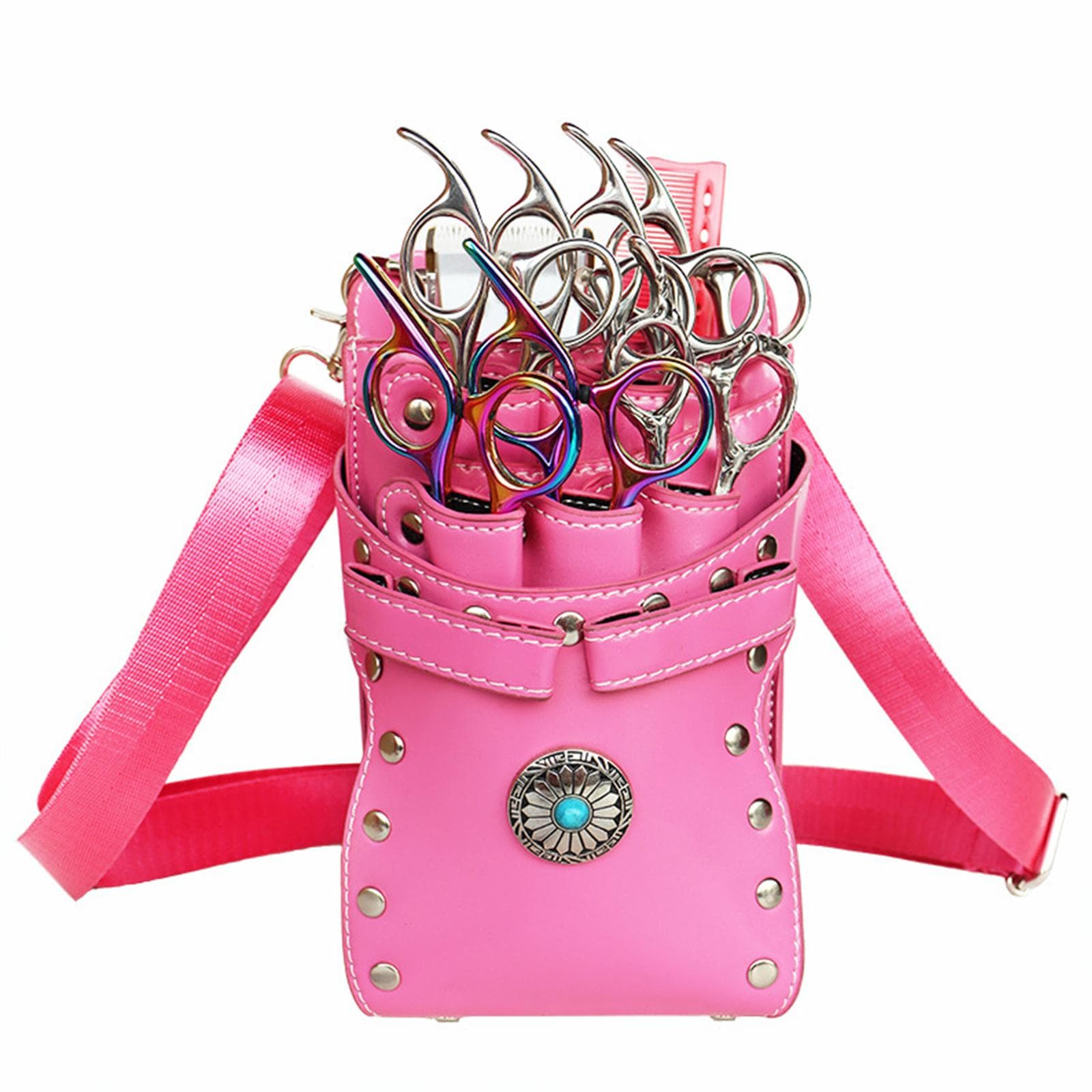 Barber Scissors Bag Hairstylist Waist Bag 7-Slot Detachable Scissor Holder Bag PU Leather Tool Bag pink
