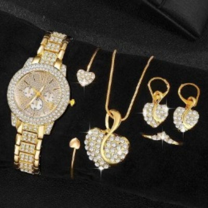 6 Pcs/Set Women's Watches, Luxury Rhinestone Quartz Watch, Roman Fashion Analog Watch and Jewelry Set, Gift for Mom and Her