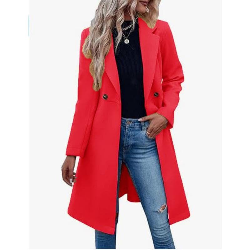 Autumn and Winter Long Woolen Women's Coat Waisted Belted Double-breasted Coat M red