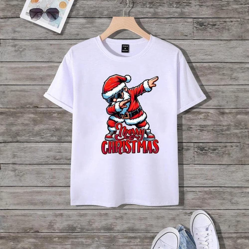 Fun and Handsome Santa Print Men's High Street Front Shoulder Round Neck Loose Short-sleeved T-shirt 5XL white