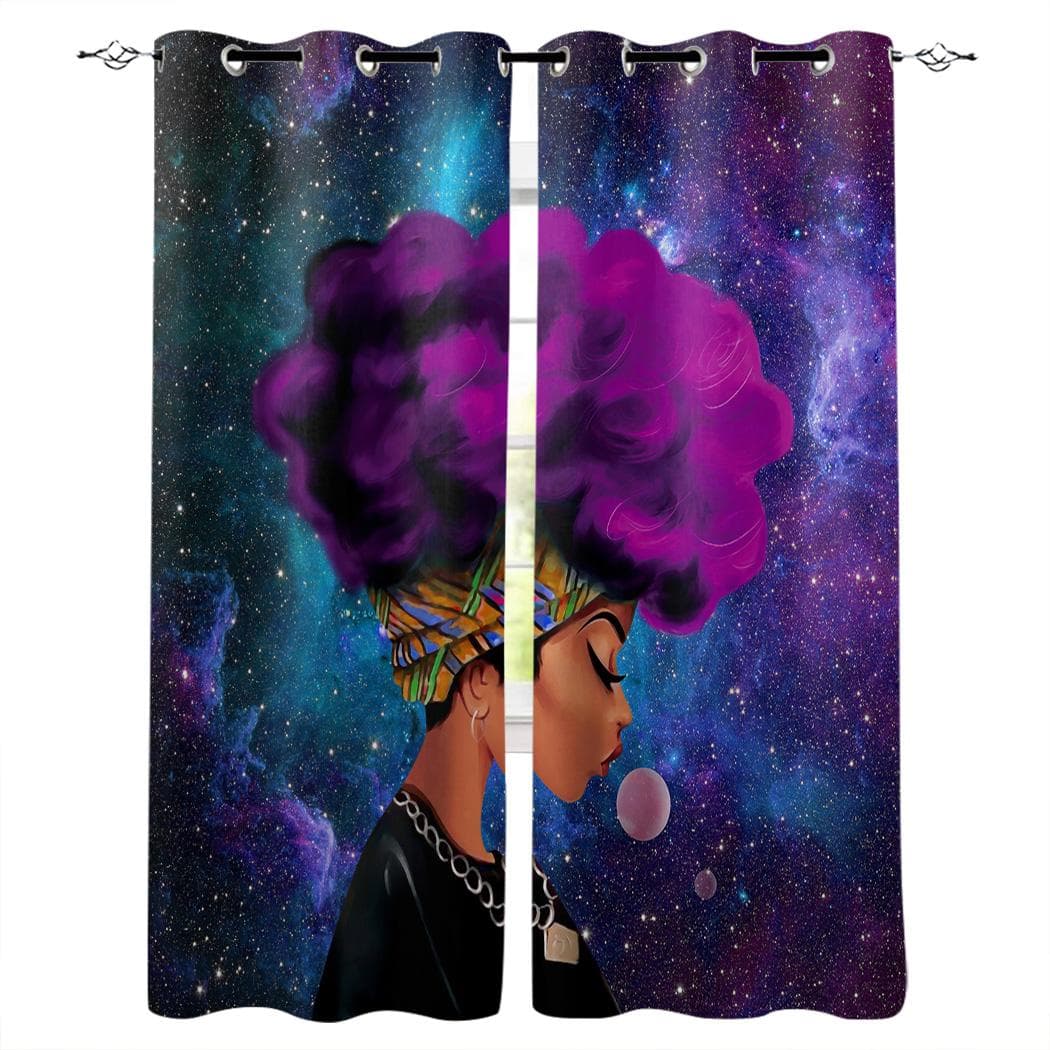 Beautiful Black African Girl Starry Sky Curtains Panel Kitchen Decor Items Window Curtains for Living Room Curtains Kids Bedroom 135W x 60H(cm)