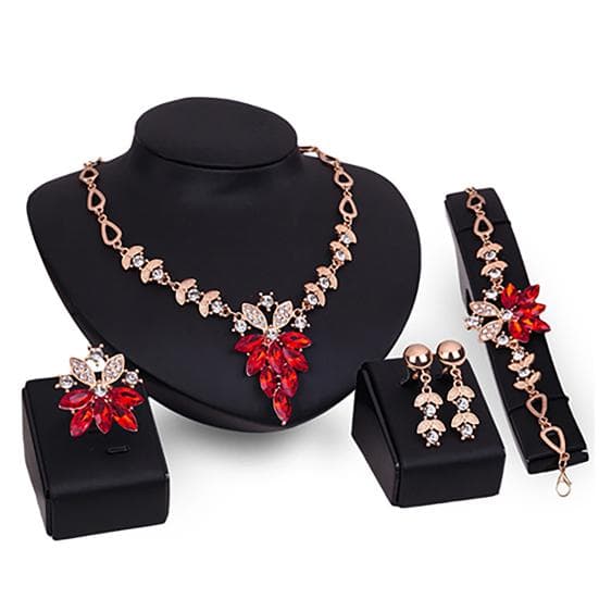 4Pcs Jewelry Set Flower Design Birthday Gift Durable Necklace Earrings Bracelet Ring Jewelry Set for Wedding red