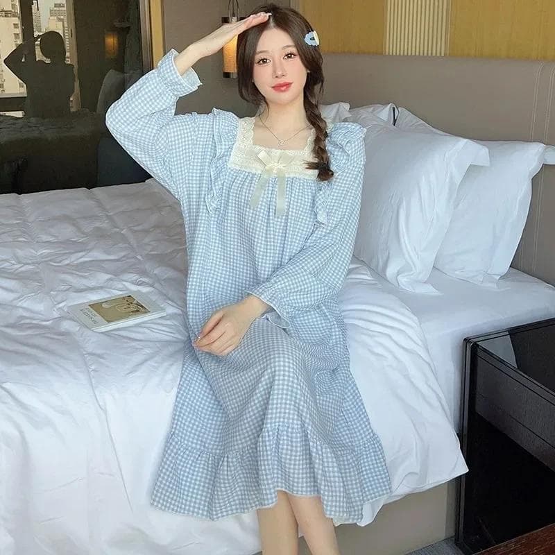 French Sweet Nightgown for Women Spring and Autumn New Pure Cotton Pajamas Long-sleeved Oversized Girls Loose Outer Home Clothes 5XL