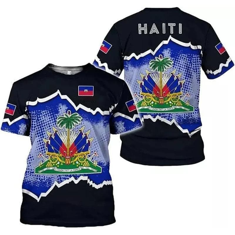 Haitian Flag Pattern Men's T-shirt 3D Printed Haiti National Emblem Short Sleeves Fashion Tops T Shirts National Day Tee Shirt M