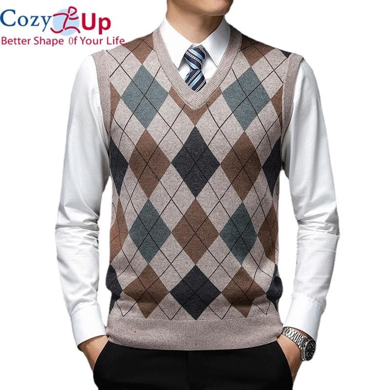Cozy Up Pullover Diamond Sweater V Neck Knit Vest Men Wool Sleeveless Casual Men Knitted vest large sizes L brown