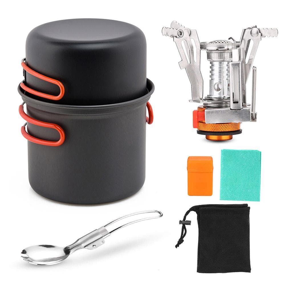 Camping Cookware Set with Camping Stove Spork Cooking Pots Dishcloth multicolour