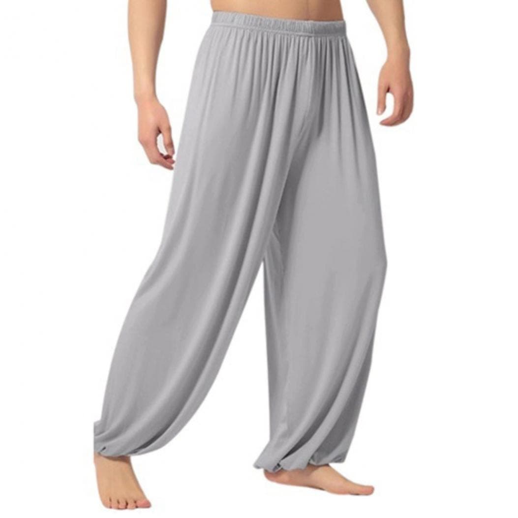 Men's Casual Pure Color Slacks Belly Dance Yoga Haren Pants Slacks M light gray