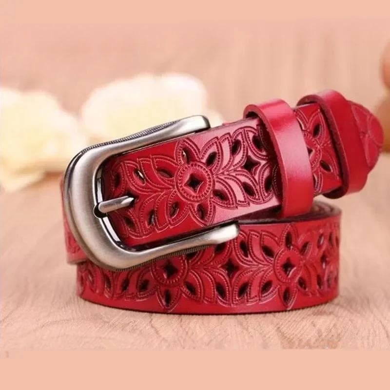 115CM New Belt Hollow Pattern Belt Ladies Trend Waistband Genuine Woman Belt Vintage Pin Buckle Imitation Leather Strap Jeans 115cm red