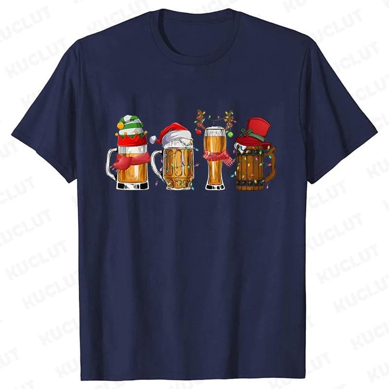 Merry Christmas Beers Men's T-shirt Drinking Lover Tees Shirt Funny Santa Beer Christmas Lights Graphic Oversized Tops for Men XXXL