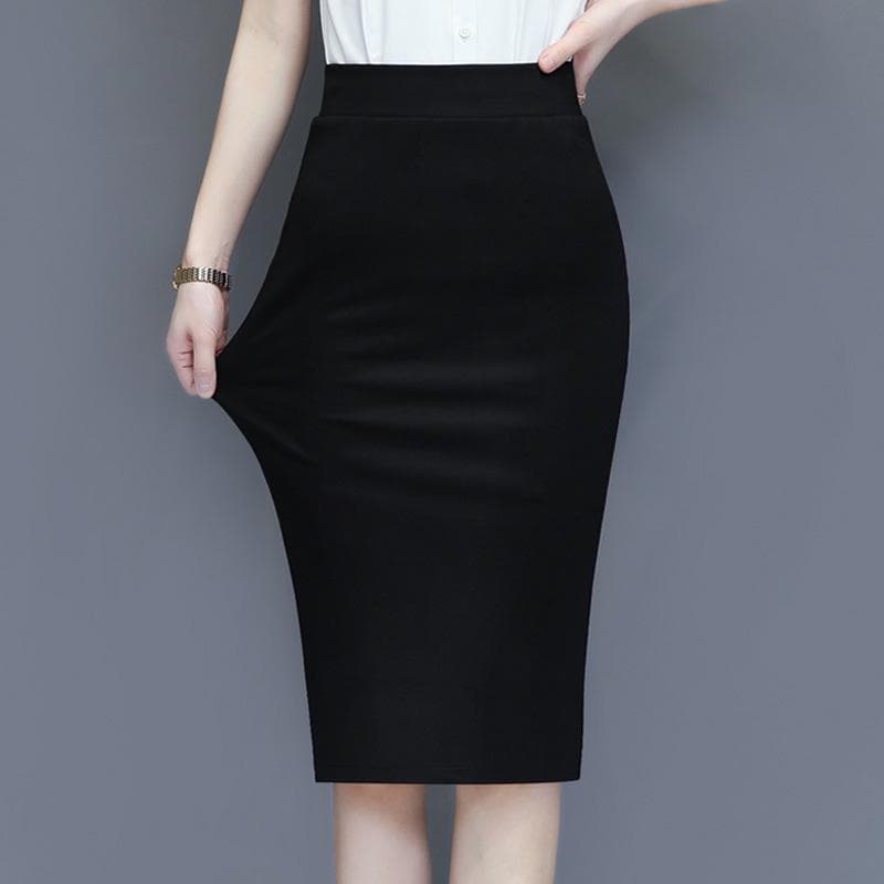 Autumn Bodycon Skirt Women Pencil Skirts High Waist Cotton Solid Stretch Elastic Slim Business OL Split Skirt 2XL black