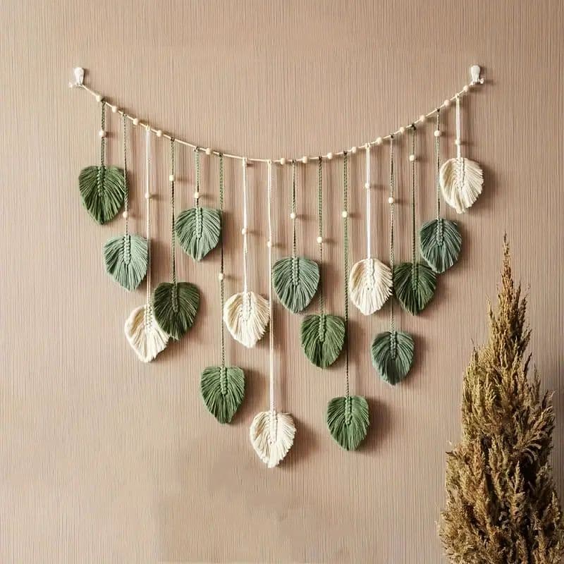 Boho Home Decoration, Macrame Tapestry Macrame Leaf Feather Wall Hanging Decor for Living Room Bedroom, Boho Wall Art Home Decor green