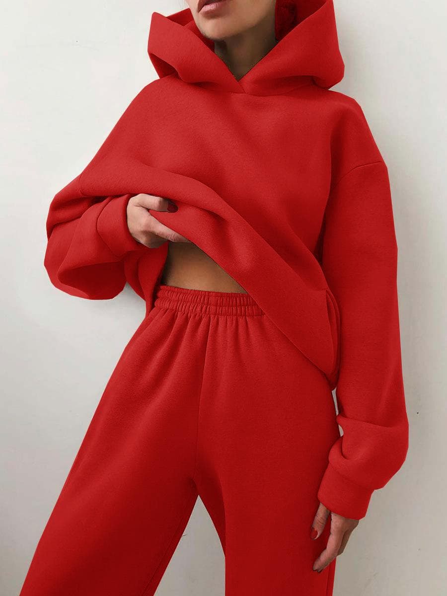 Women Elegant Solid Sets For Women Warm Hoodie Sweatshirts And Long Pant Fashion Two Piece Sets Ladies Sweatshirt Suits M red