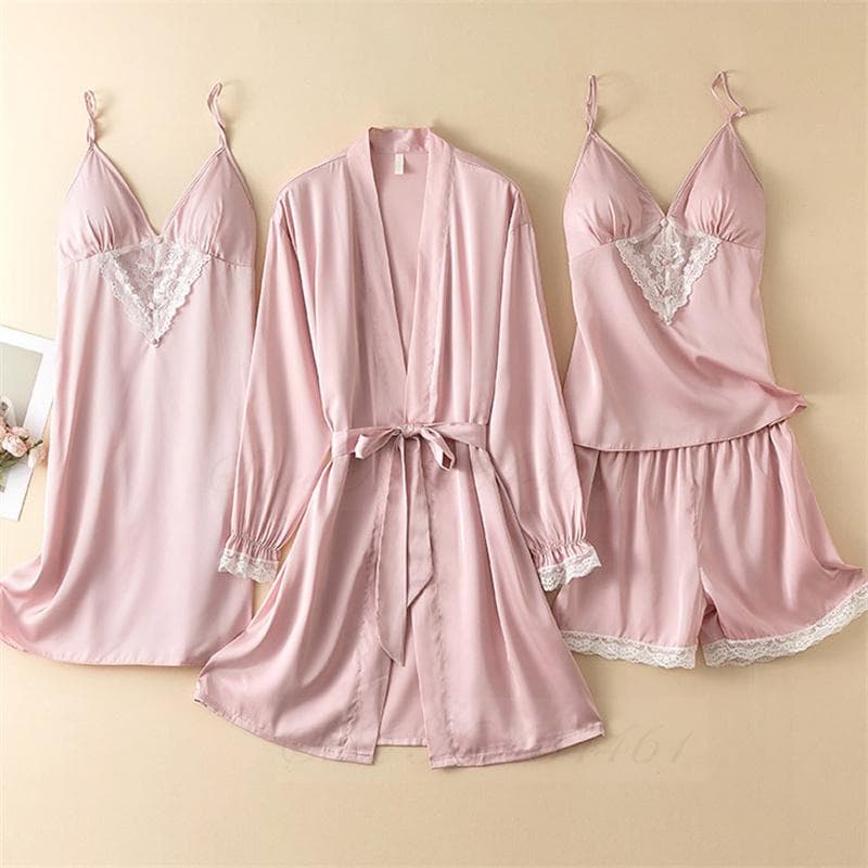 Spring Summer 4PCS Pajamas Set Female Pyjama Sleepwear Sexy Lace Kimono Bathrobe Nightgown Loose Silk Satin Homewear Loungewear XL