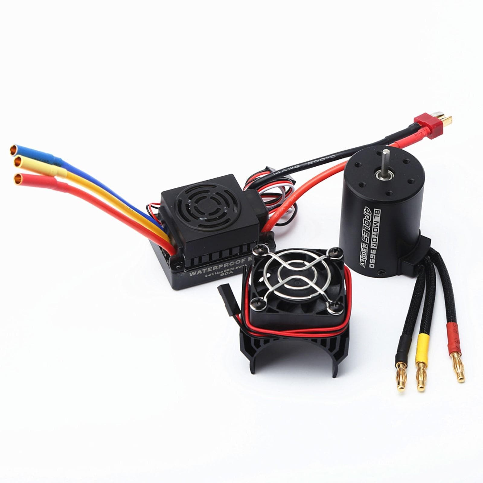 3650 4300KV Brushle Motor & 60A ESC & Heat Sink Cover Combo for 1:8 / 1:10 Remote Control Car and 4300KV black