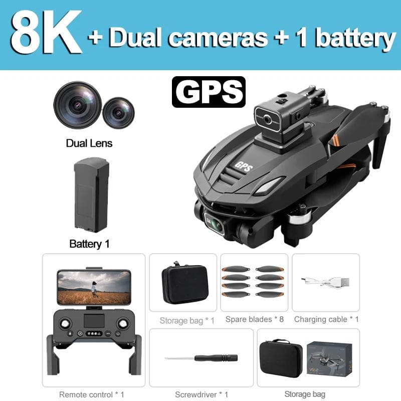 New V168 PRO Drones GPS Profesional 8K with HD Camera FPV 5G Wifi Brushless Motor Foldable RC Quadcopter Obstacle Avoidance Drone Toy Gift 8K GPS 1 battery black