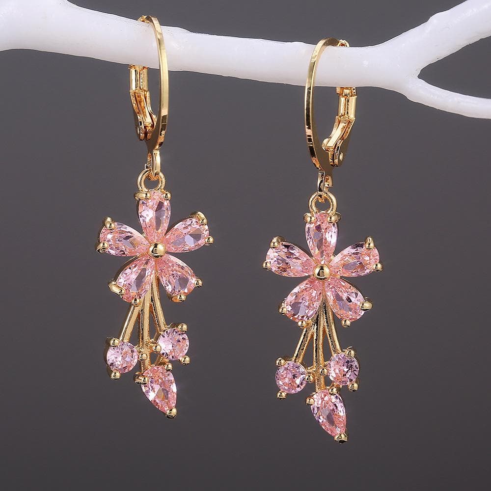 Flower Shape Women Drop Earrings Shiny Zircon Dangle Earrings Fashion Banquet Jewelry Gift pink