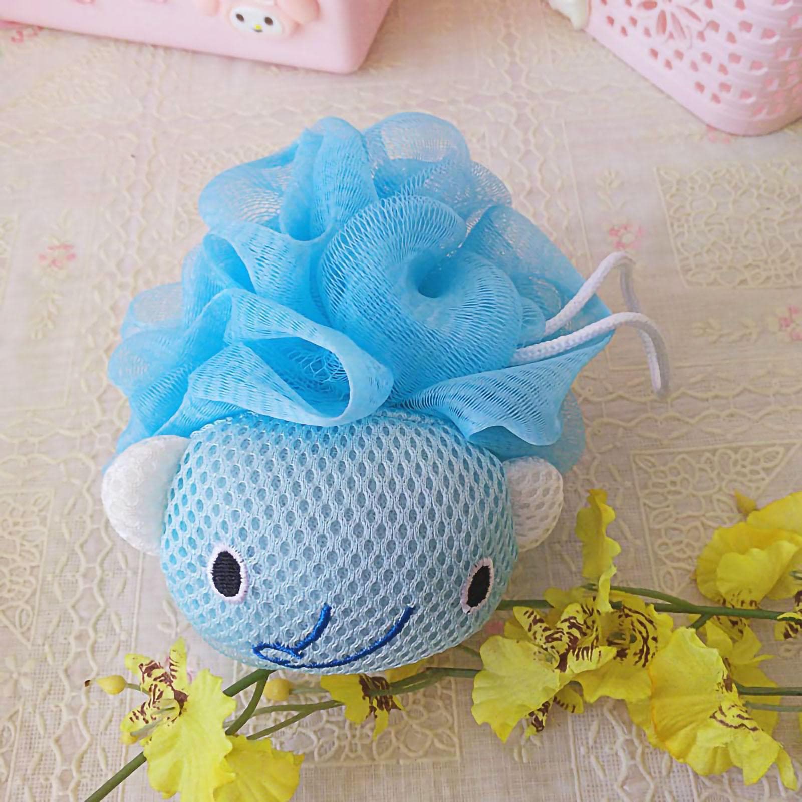 Bath Ball Cute Cartoon Shower Puff Loofah Body Scrubber PE Tool for Cleaning Bathing Blue Elephant
