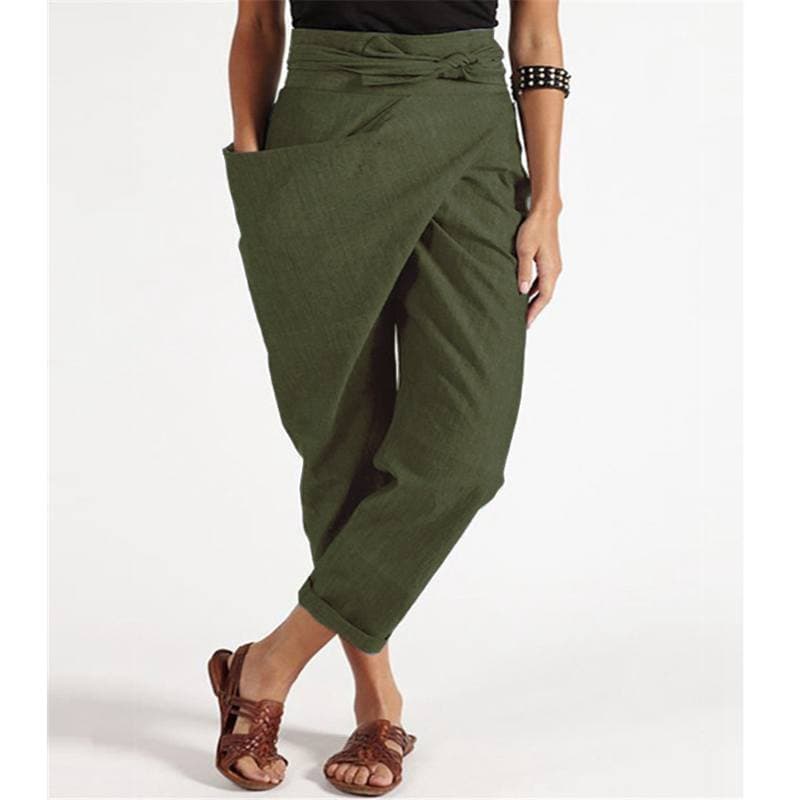 Women Summer Pants Irregular Pockets Streetwear Solid Color High Waist Trendy Straight Wide Leg Cropped Pants for Dating M dark green