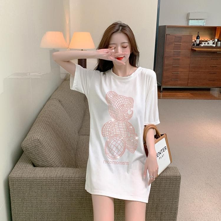 New Loose Korean Mid-length T-shirt for Women's Short-sleeved Ironing Diamond Niche Design Base Shirt Top XXXL white