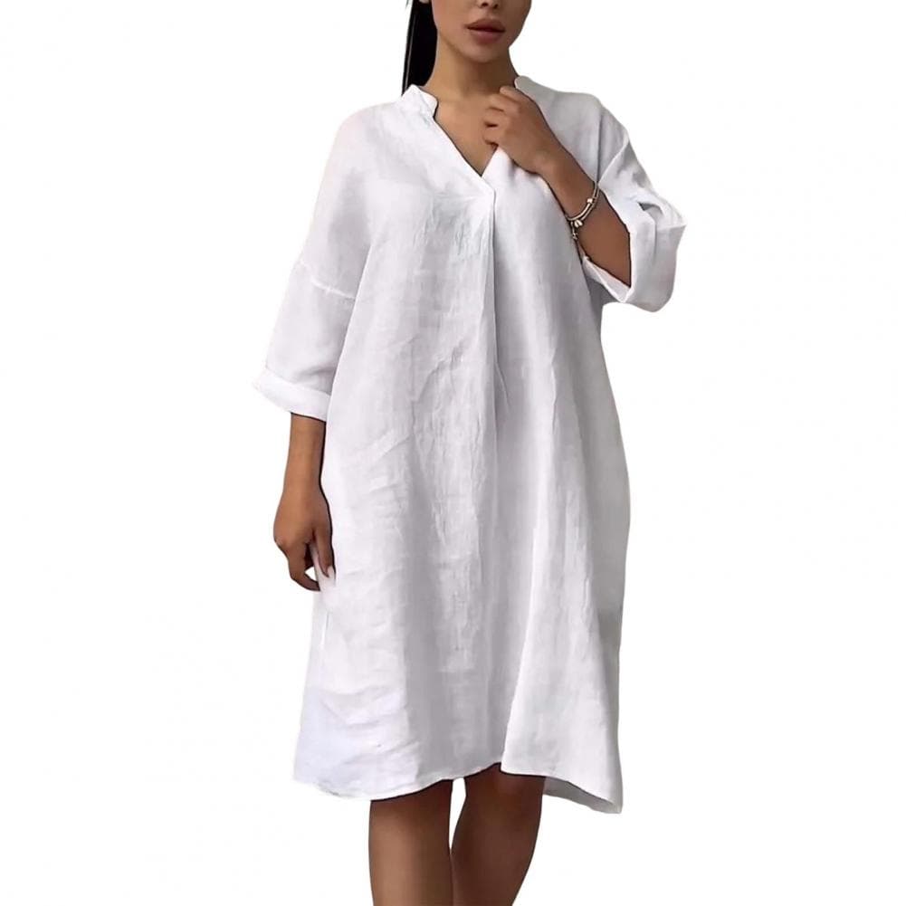 Summer Women Dress V Neck Ninth Sleeve A-line Loose Pure Color with Side Pockets Knee Length Pullover Casual Midi Dress M white