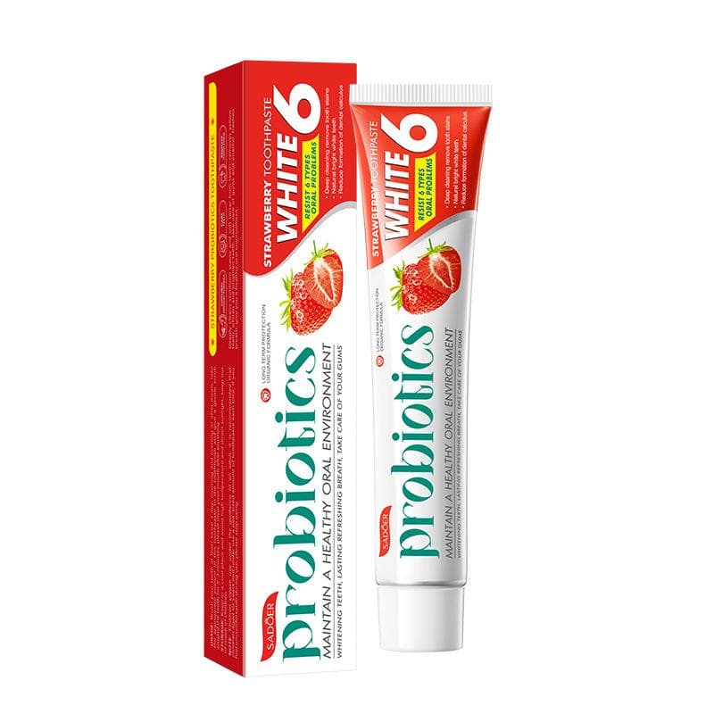The 5-flavor Fruit Probiotic Toothpaste Deeply Cleans Stubborn Stains, Softens Tartar, Removes Yellow Teeth, Whitens Teeth and Freshens Breath. Strawberry