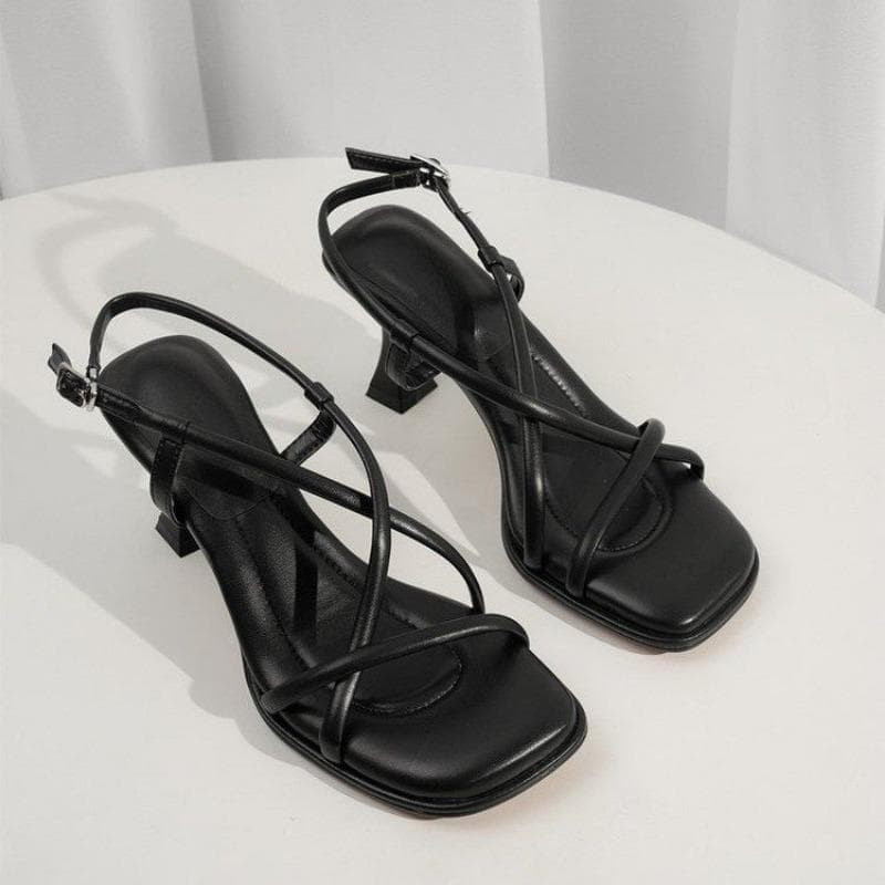 Summer New Simple Square Headed Slim Strap Thick Heel Sandals for Women, Straight Toe Open Toe Sandals for Women 40 black