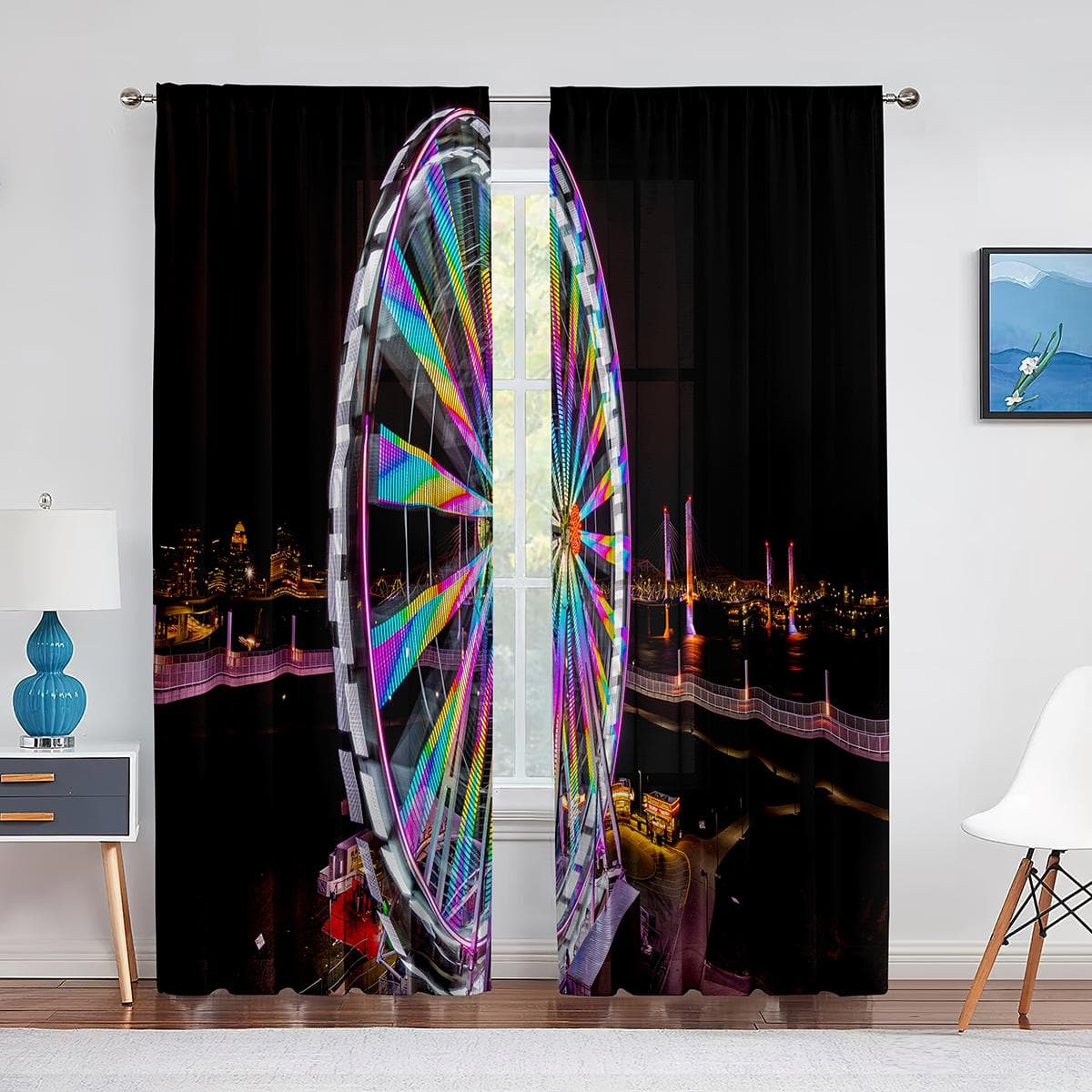 Giant Vertical Revolving Ferris Wheel Tulle Curtains Living Room Bedroom Decor Chiffon Sheer Voile Kitchen Window Curtain Drapes 1 PCS W100XH250cm&Grommet Top