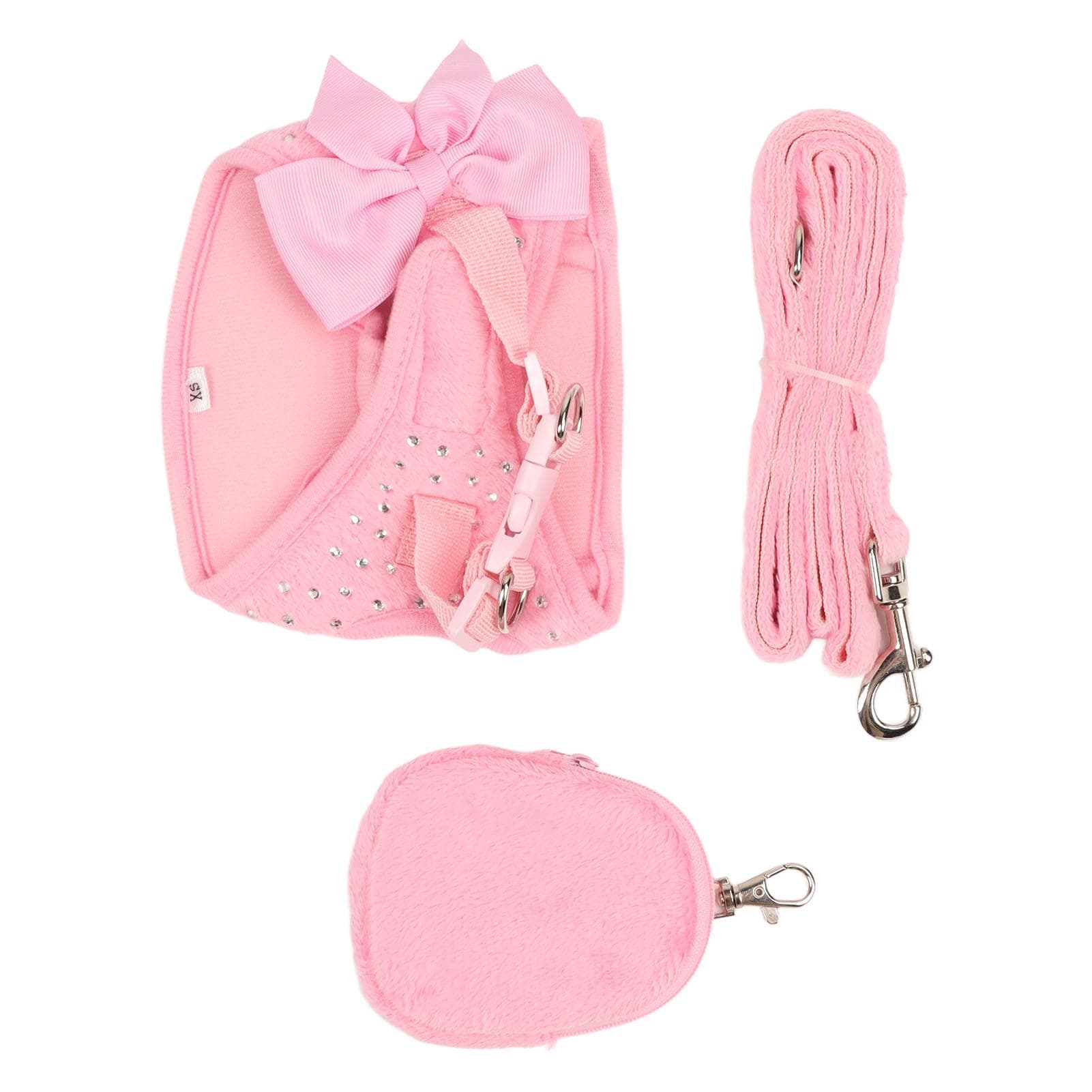 Dog Harness Leash Cute Bow Rhinestone Decoration Breathable Adjustable Pet Vest Traction Rope Set M(for 4-6.5kg) pink