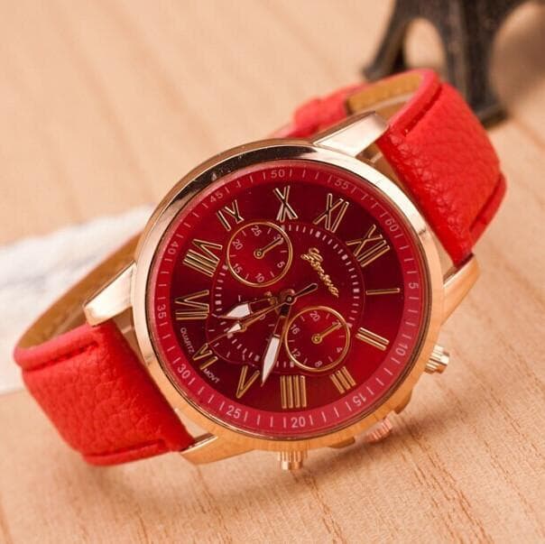 3 Mini Dials PU Belt Wristwatch Double Layer Fashion Women Casual Simple Quartz Watch red