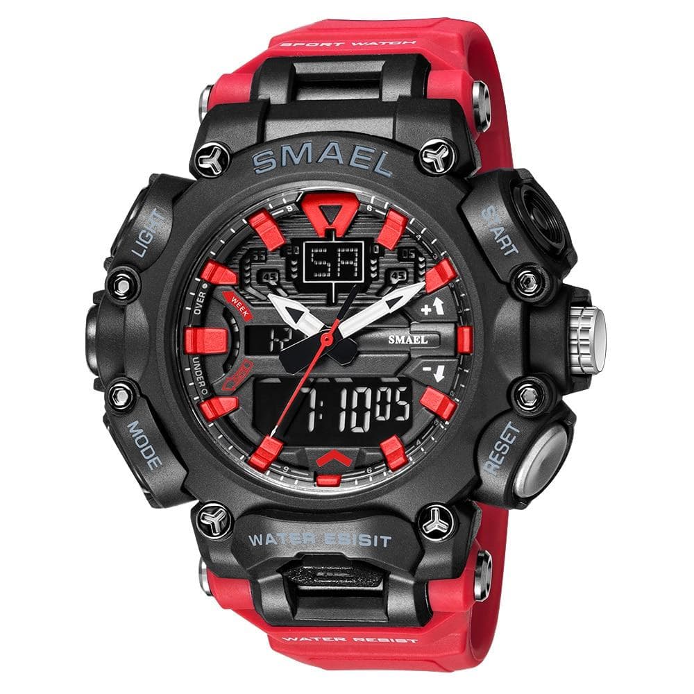 SMAEL Military Watch Sport Waterproof 50M Stopwatch Analog Digital Wristwatches Week Display Alarm Clock 8053 Digital Watches Mens With Package red