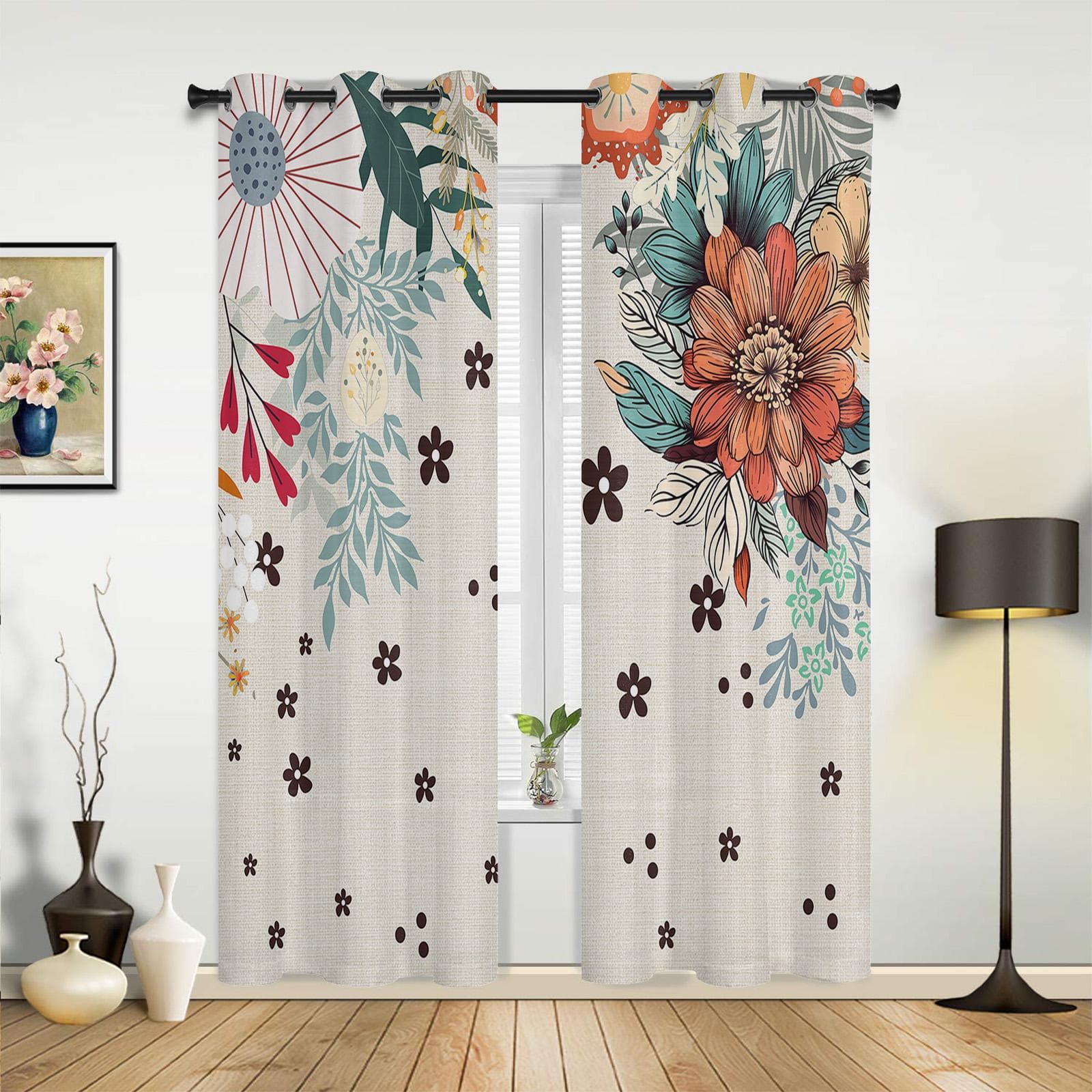 Boho Abstract Flower Plant Window Curtains for Living Room Bedroom Curtain Modern Kitchen Blinds Drapes Curtains 135W x 60H(cm) x1