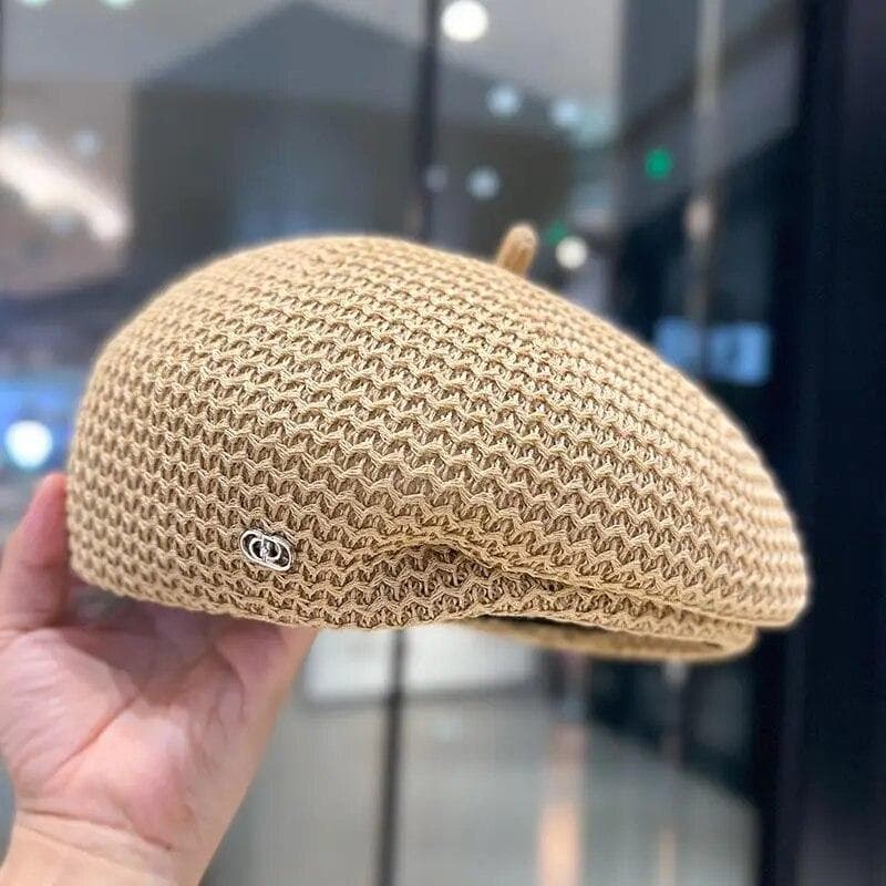 Women Fixed Pleated Paper Straw Beret Summer Milk Silk Knit Breathable Big Artist Fashion Newsboy Hat 56-56cm khaki