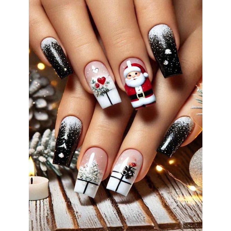 Christmas Nails Press on Nails Y2k Nails Black French Tip Nails Medium Coffin Geometry Stripe Santa Claus Santa Hat Heart Snow Flakes Tree