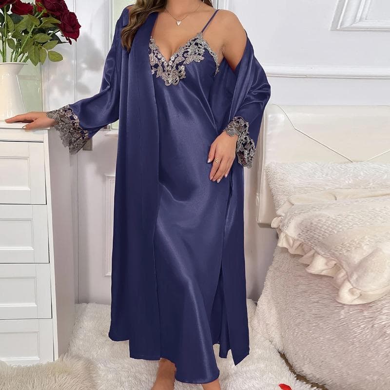 2cs Contrast Lace Long Sleeve Belted Robe V Neck Slip Dress Sexy Elegant Women Pajamas Sets XL