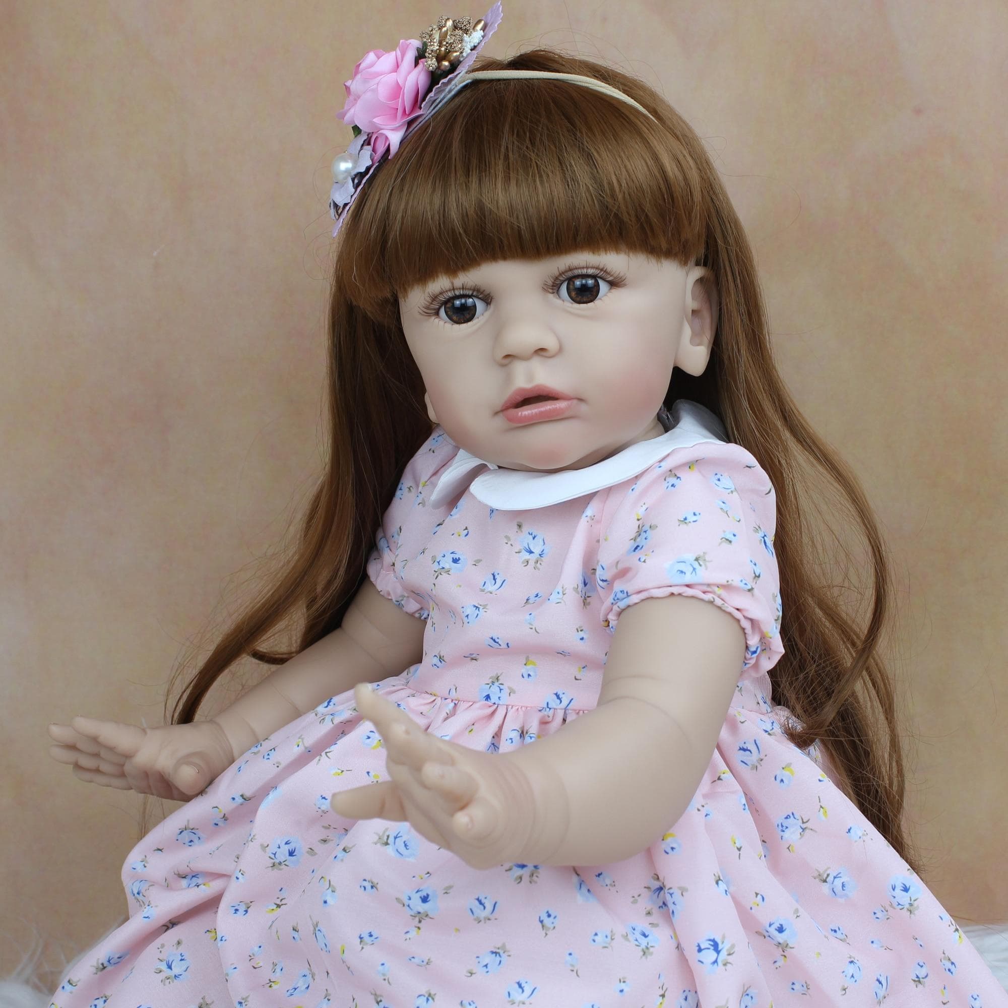 BZDOLL 60CM Soft Silicone Reborn Baby Doll Toy For Girl Cloth Body 24 Inch Vinyl Long Hair Princess Toddler Tayra Dress Up Alive Bebe Eyes, 60cm Doll brown