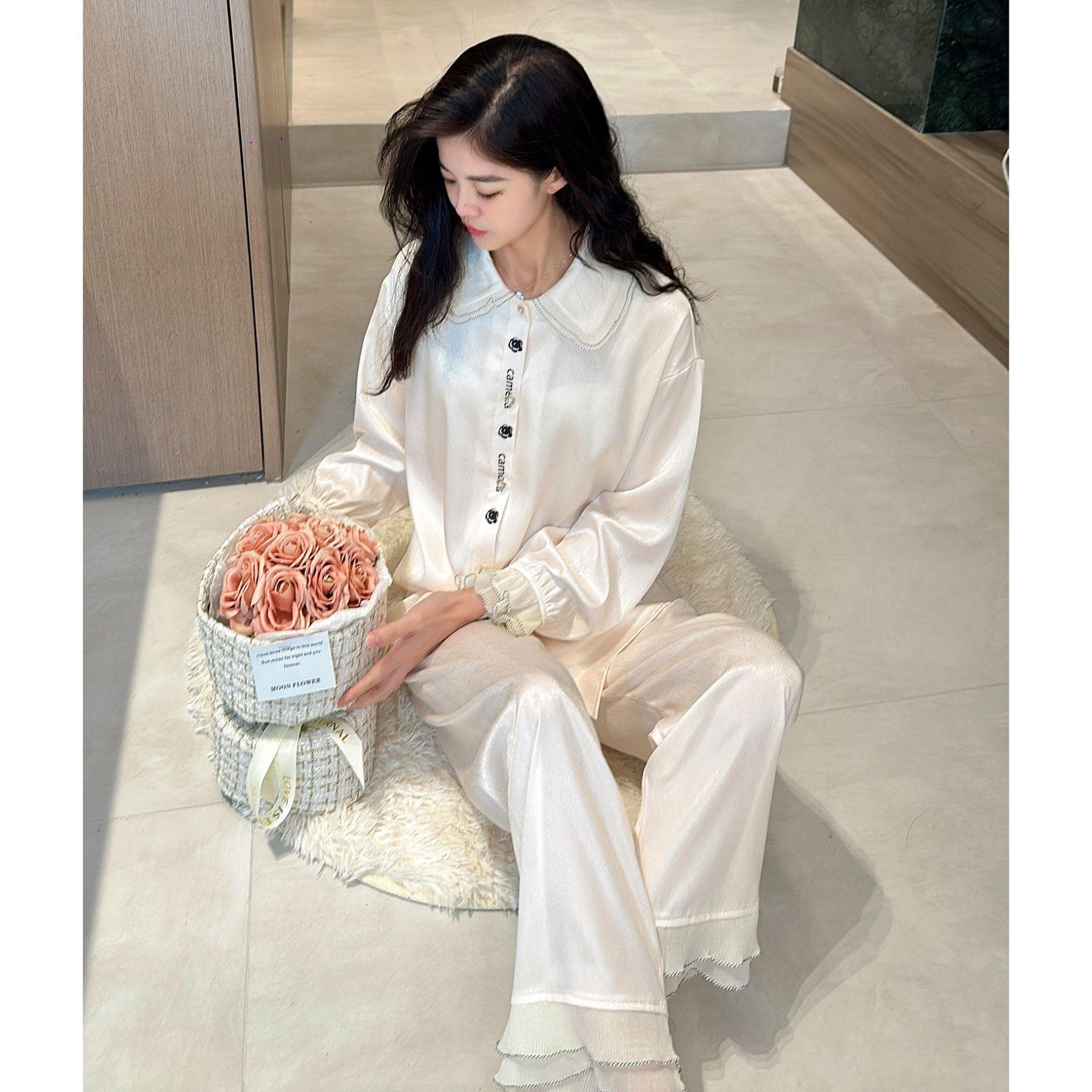 Thin Long-sleeved Ice Silk Herringbone Pattern Women's Pajamas Spring and Autumn Satin Pajamas Set XL