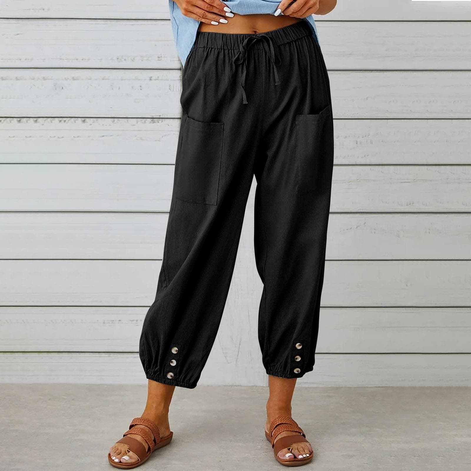 Summer Women's Pants Loose High Waist Button Cotton Linen Pants Nine-point Pants Wide Leg Pants M black
