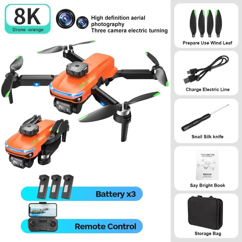 New S118 Brushless Mini Drone HD ESC Three Camera Motor Optical Flow Hovering Obstacle Avoidance Wind Resistant Quadcopter Toy Gift 3 battery orange