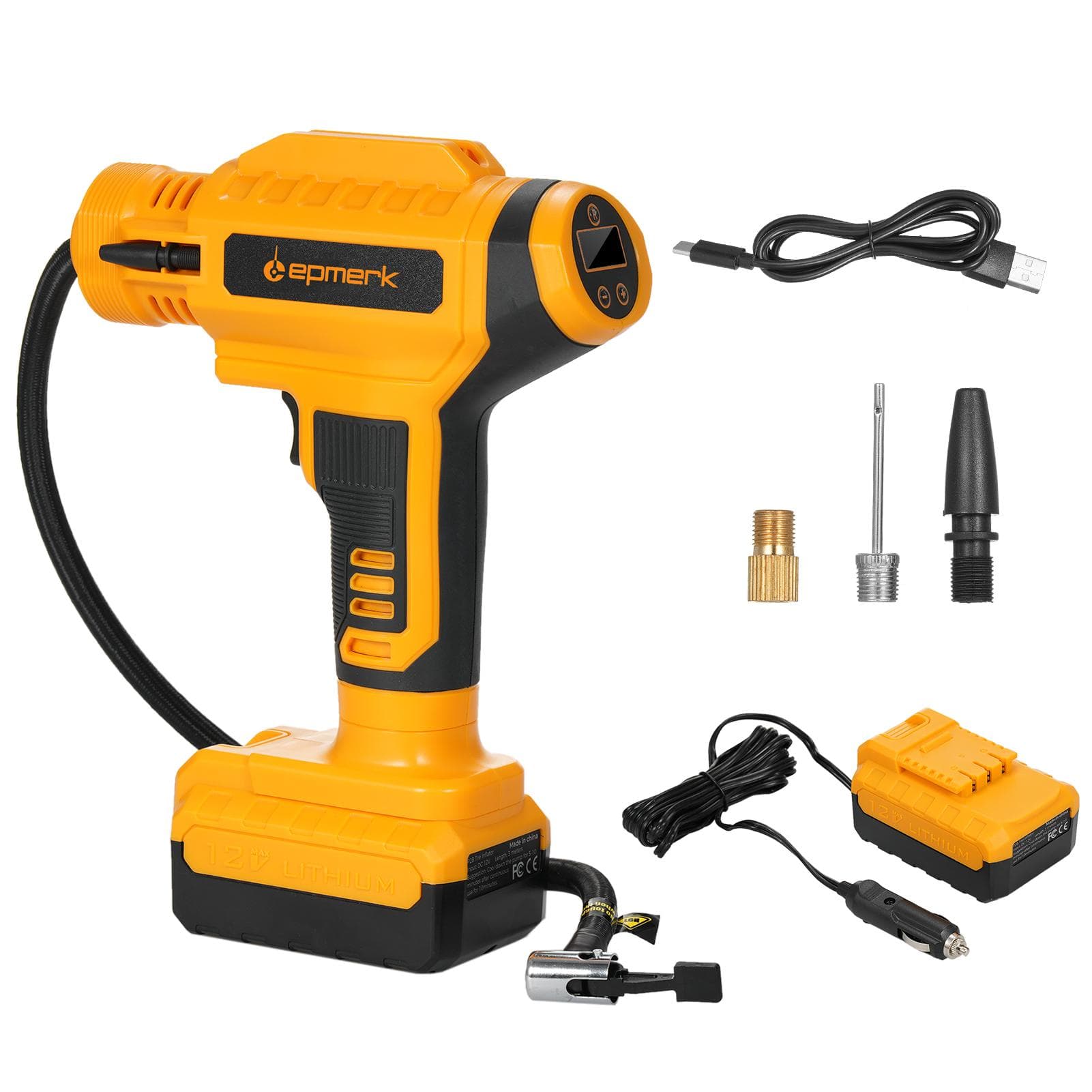 Lepmerk Cordless Tire Inflator Air Compressor 20V Rechargeable Battery Powered 150PSI Portable yellow