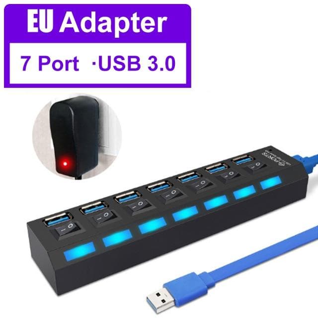 USB Hub 3.0 5Gbps High Speed 4/7 Port Hub Splitter With ON/OFF Switch Multi Power Adapter High Speed Hub For PC Computer Laptop USB3.0 7Port with EU