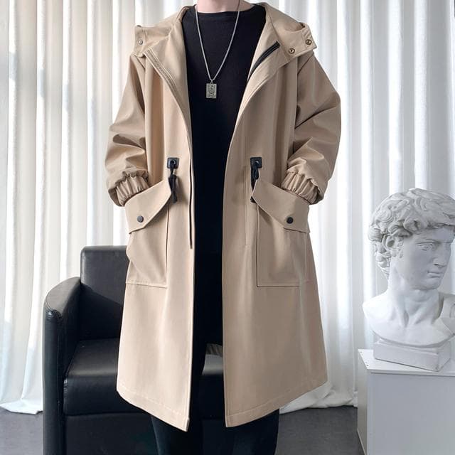 Long Trench Coat Jacket Men Cotton Autumn Spring Black Hip Hop Japanese Coats Streetwear Men's Hooded Army Green Casual Jackets XL khaki