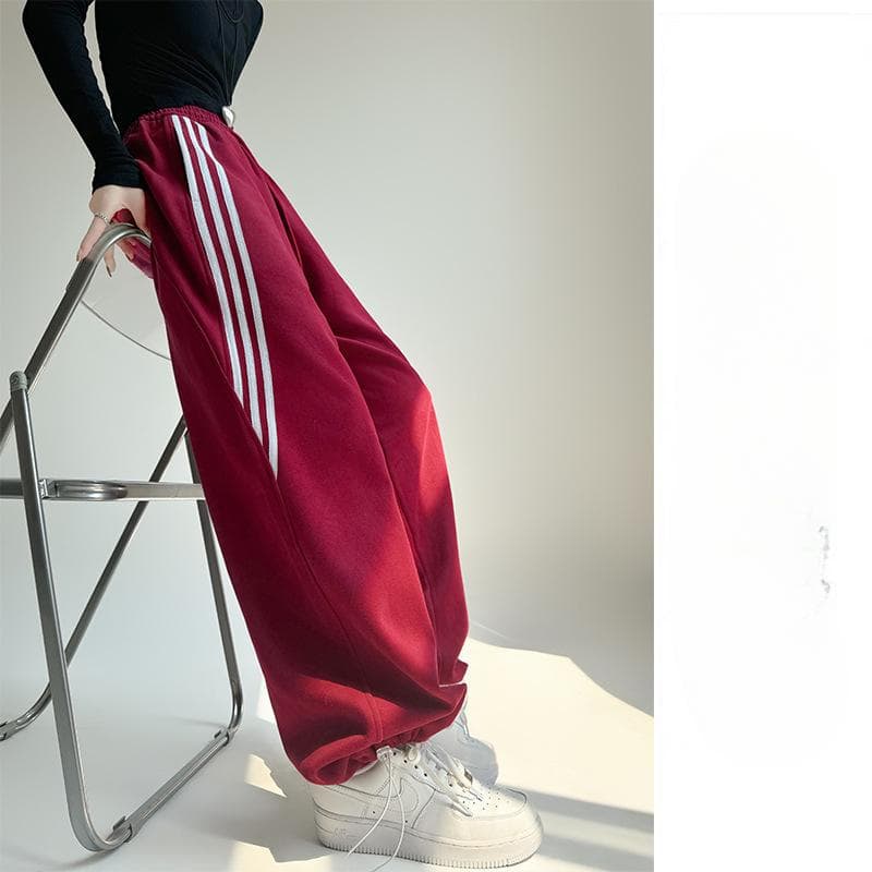 Striped Sweatpants for Women In Spring and Autumn New High-waist Lazy American Wide-leg Pants Casual Loose Slim Straight Sleeves S
